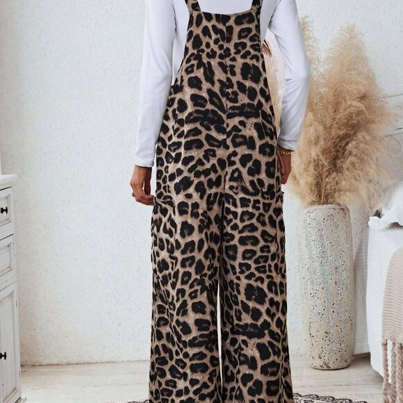 Khaki Casual Women's Leopard Print Pocket Loose Jumpsuit - Picture 2 of 4